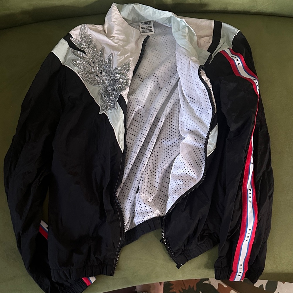 Victoria's Secret Black and White Windbreaker with Red Accents and glitter